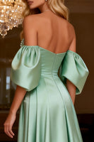 Load image into Gallery viewer, Sparkly Sage Green Satin Off the Shoulder Beaded Long Prom Dress with Slit