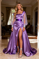 Load image into Gallery viewer, Sparkly Purple Satin Beaded Long Ruched Prom Dress with Cape