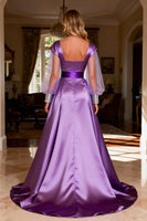 Load image into Gallery viewer, Sparkly Purple Satin Beaded Long Ruched Prom Dress with Cape