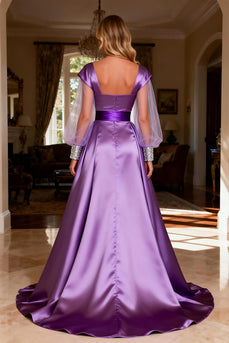 Sparkly Purple Satin Beaded Long Ruched Prom Dress with Cape