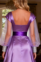 Load image into Gallery viewer, Sparkly Purple Satin Beaded Long Ruched Prom Dress with Cape