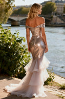 Load image into Gallery viewer, Sparkly Champagne Sequin Ruffled Off the Shoulder Mermaid Long Prom Dress with Slit