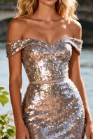 Load image into Gallery viewer, Sparkly Champagne Sequin Ruffled Off the Shoulder Mermaid Long Prom Dress with Slit