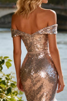 Load image into Gallery viewer, Sparkly Champagne Sequin Ruffled Off the Shoulder Mermaid Long Prom Dress with Slit