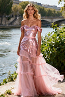 Load image into Gallery viewer, Sparkly Pink Sequin Off the Shoulder Ruffled Long Prom Dress