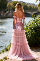 Load image into Gallery viewer, Sparkly Pink Sequin Off the Shoulder Ruffled Long Prom Dress