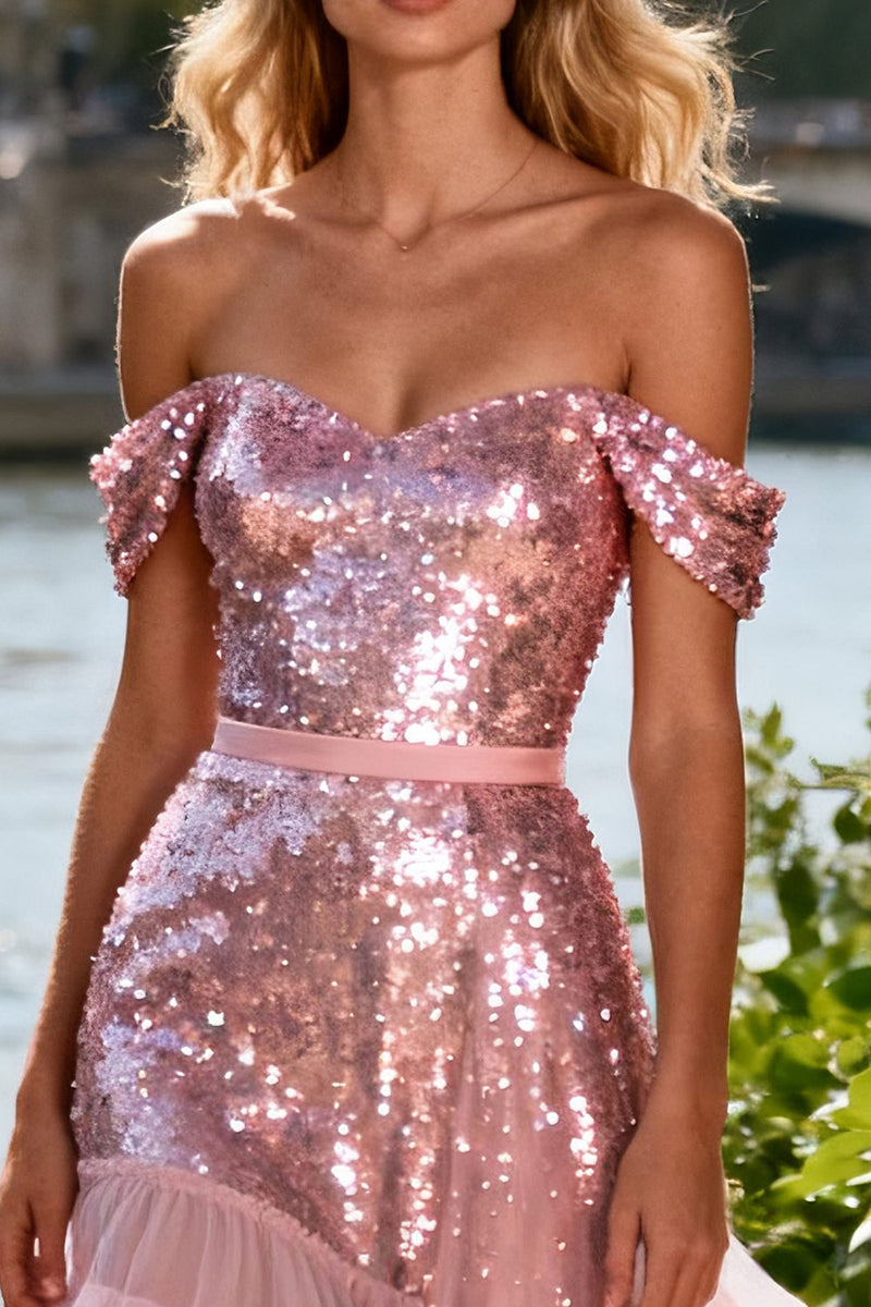 Load image into Gallery viewer, Sparkly Pink Sequin Off the Shoulder Ruffled Long Prom Dress