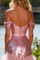 Load image into Gallery viewer, Sparkly Pink Sequin Off the Shoulder Ruffled Long Prom Dress