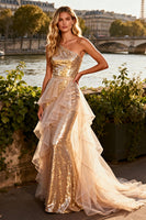 Load image into Gallery viewer, Sparkly Gold Ruffled Long Sequin Prom Dress with Cape