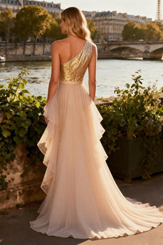 Sparkly Gold Ruffled Long Sequin Prom Dress with Cape