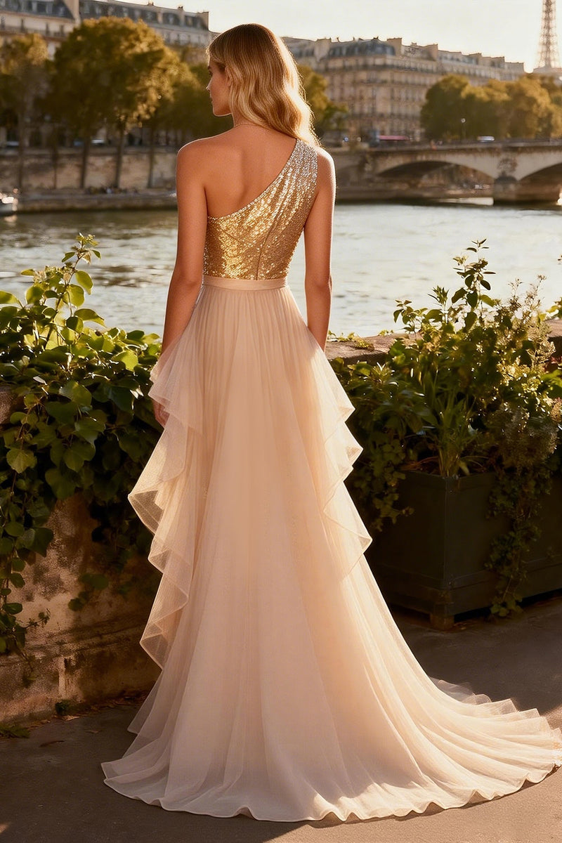 Load image into Gallery viewer, Sparkly Gold Ruffled Long Sequin Prom Dress with Cape