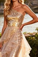 Load image into Gallery viewer, Sparkly Gold Ruffled Long Sequin Prom Dress with Cape