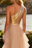 Load image into Gallery viewer, Sparkly Gold Ruffled Long Sequin Prom Dress with Cape