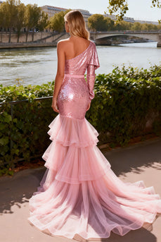 Sparkly Pink Sequin Ruffled Tiered Long Mermaid Prom Dress