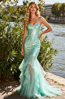 Load image into Gallery viewer, Sparkly Mint Green Sequin Long Mermaid Prom Dress with Ruffles