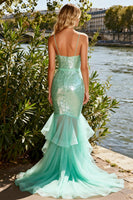 Load image into Gallery viewer, Sparkly Mint Green Sequin Long Mermaid Prom Dress with Ruffles