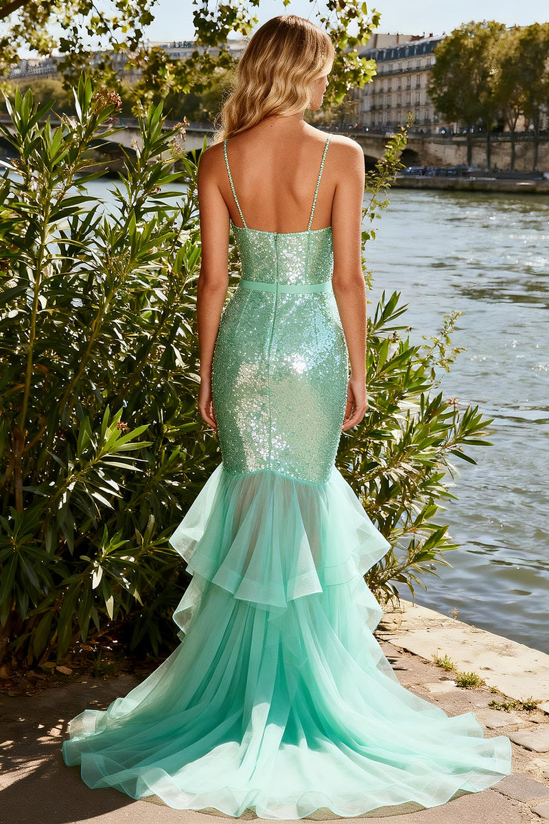 Load image into Gallery viewer, Sparkly Mint Green Sequin Long Mermaid Prom Dress with Ruffles