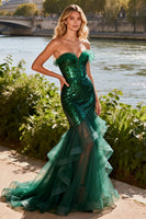 Load image into Gallery viewer, Sparkly Dark Green Sequin Mermaid Ruffled Long Prom Dress