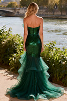 Load image into Gallery viewer, Sparkly Dark Green Sequin Mermaid Ruffled Long Prom Dress