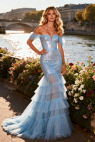 Load image into Gallery viewer, Sparkly Sky Blue Mermaid Sequin Tiered Corset Long Prom Dress