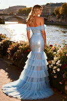 Load image into Gallery viewer, Sparkly Sky Blue Mermaid Sequin Tiered Corset Long Prom Dress