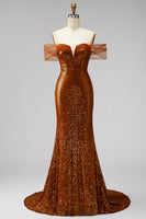 Load image into Gallery viewer, Sparkly Bronze Off the Shoulder Sequin Mermaid Long Prom Dress