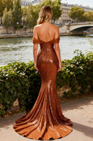 Load image into Gallery viewer, Sparkly Bronze Off the Shoulder Sequin Mermaid Long Prom Dress