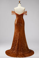 Load image into Gallery viewer, Sparkly Bronze Off the Shoulder Sequin Mermaid Long Prom Dress