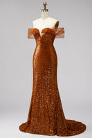 Load image into Gallery viewer, Sparkly Bronze Off the Shoulder Sequin Mermaid Long Prom Dress