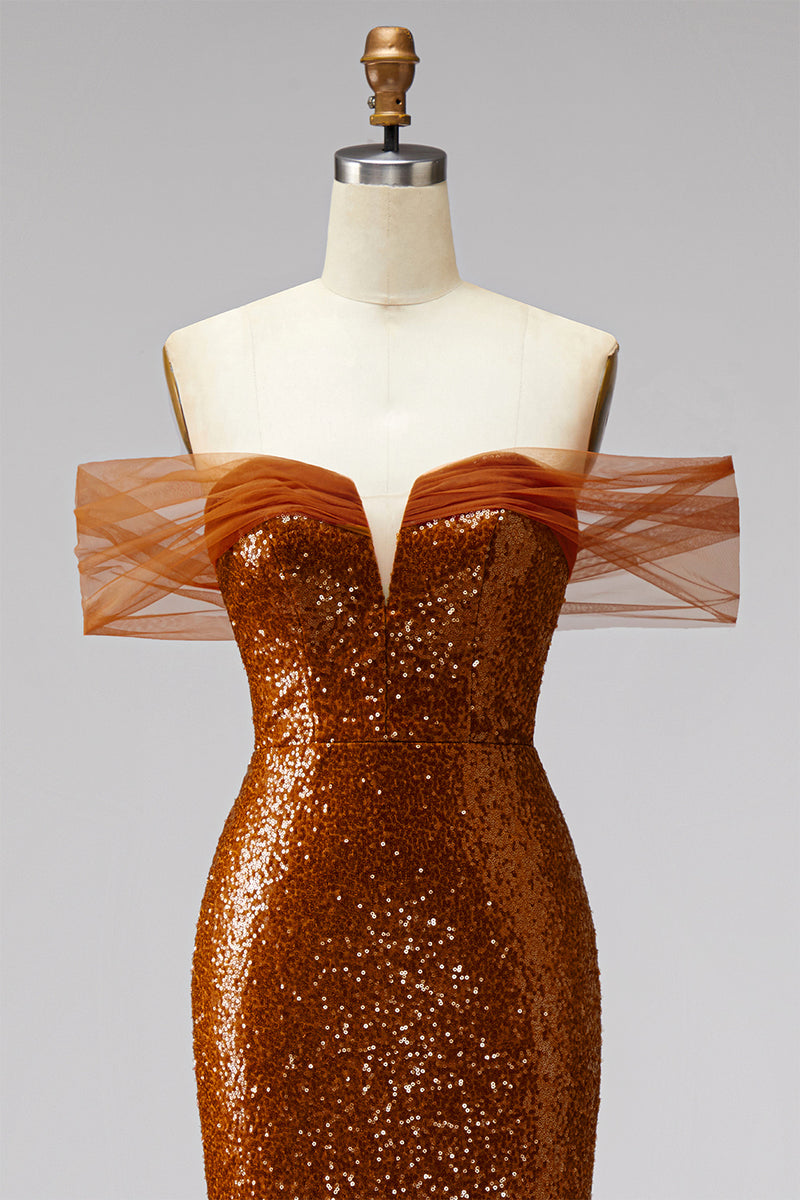 Load image into Gallery viewer, Sparkly Bronze Off the Shoulder Sequin Mermaid Long Prom Dress