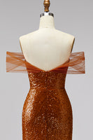 Load image into Gallery viewer, Sparkly Bronze Off the Shoulder Sequin Mermaid Long Prom Dress