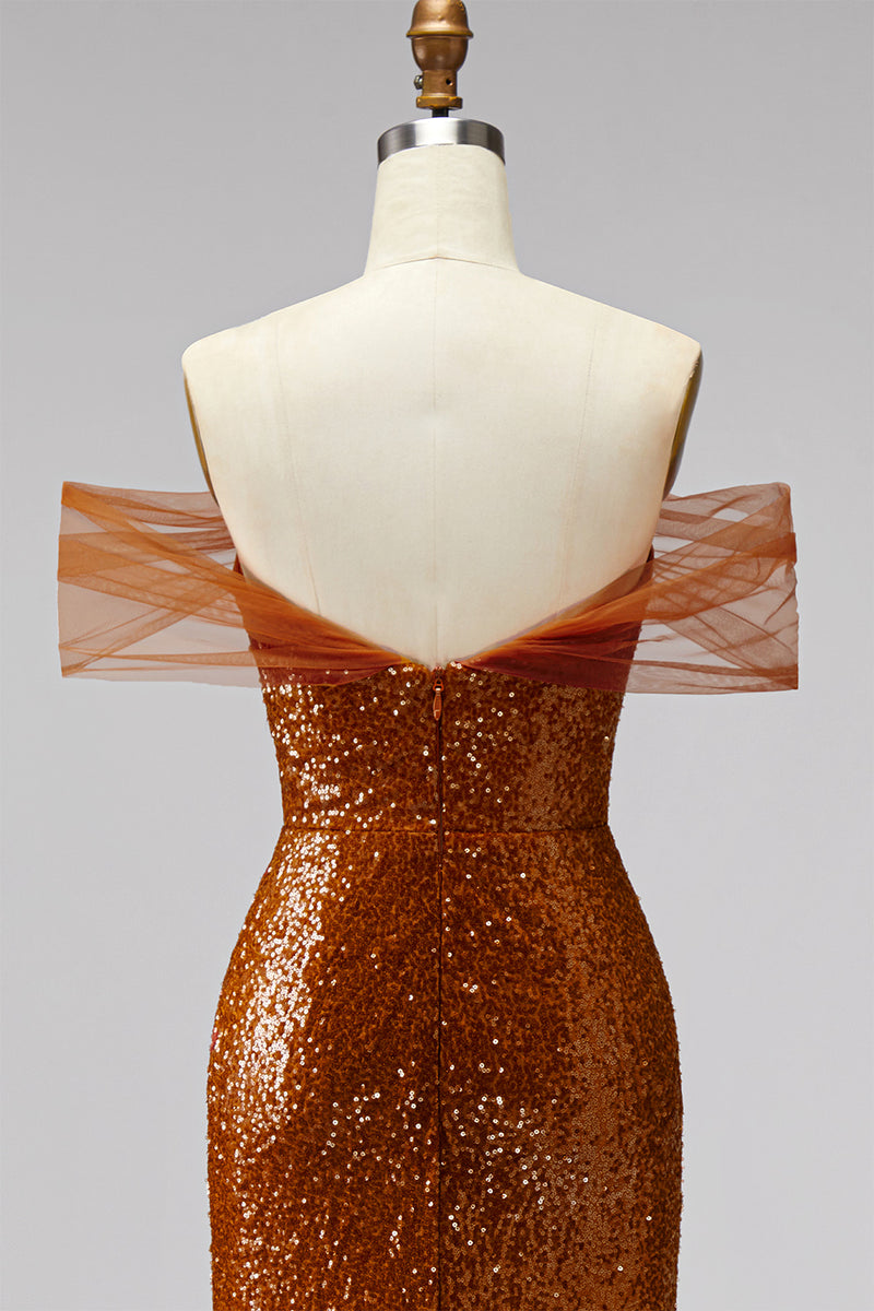 Load image into Gallery viewer, Sparkly Bronze Off the Shoulder Sequin Mermaid Long Prom Dress