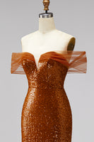 Load image into Gallery viewer, Sparkly Bronze Off the Shoulder Sequin Mermaid Long Prom Dress