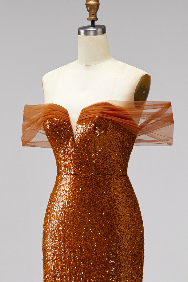 Load image into Gallery viewer, Sparkly Bronze Off the Shoulder Sequin Mermaid Long Prom Dress