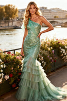 Load image into Gallery viewer, Sparkly Sage Green Ruffled Mermaid Long Sequin Prom Dress