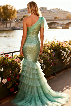 Sparkly Sage Green Ruffled Mermaid Long Sequin Prom Dress