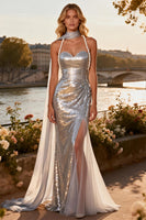 Load image into Gallery viewer, Sparkly Silver Mermaid Sequin Neck Scarf Long Prom Dress with Slit