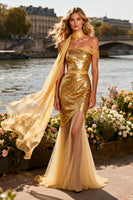 Load image into Gallery viewer, Sparkly Gold One Shoulder Sequin Neck Scarf Mermaid Long Prom Dress