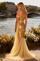 Load image into Gallery viewer, Sparkly Gold One Shoulder Sequin Neck Scarf Mermaid Long Prom Dress