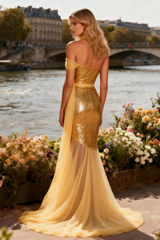 Sparkly Gold One Shoulder Sequin Neck Scarf Mermaid Long Prom Dress