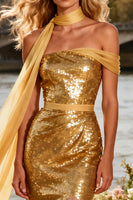Load image into Gallery viewer, Sparkly Gold One Shoulder Sequin Neck Scarf Mermaid Long Prom Dress