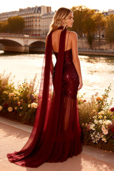 Sparkly Burgundy Spaghetti Straps Mermaid Sequin Long Prom Dress