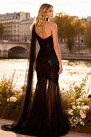 Load image into Gallery viewer, Sparkly Sequin Black Neck Scarf Mermaid Long Prom Dress