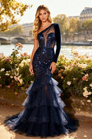 Load image into Gallery viewer, Sparkly Navy Sequin Tiered Corset Long Prom Dress with Ruffles