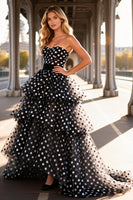 Load image into Gallery viewer, Black and White Tulle Polka Dots Long Tiered Prom Dress with Ruffles