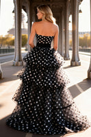 Load image into Gallery viewer, Black and White Tulle Polka Dots Long Tiered Prom Dress with Ruffles