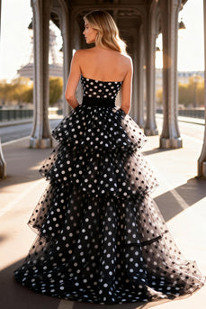 Black and White Tulle Polka Dots Long Tiered Prom Dress with Ruffles