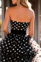 Load image into Gallery viewer, Black and White Tulle Polka Dots Long Tiered Prom Dress with Ruffles