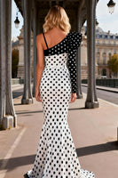 Load image into Gallery viewer, Black and White Mermaid Polka Dots Long Satin Prom Dress with Slit