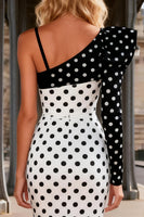 Load image into Gallery viewer, Black and White Mermaid Polka Dots Long Satin Prom Dress with Slit